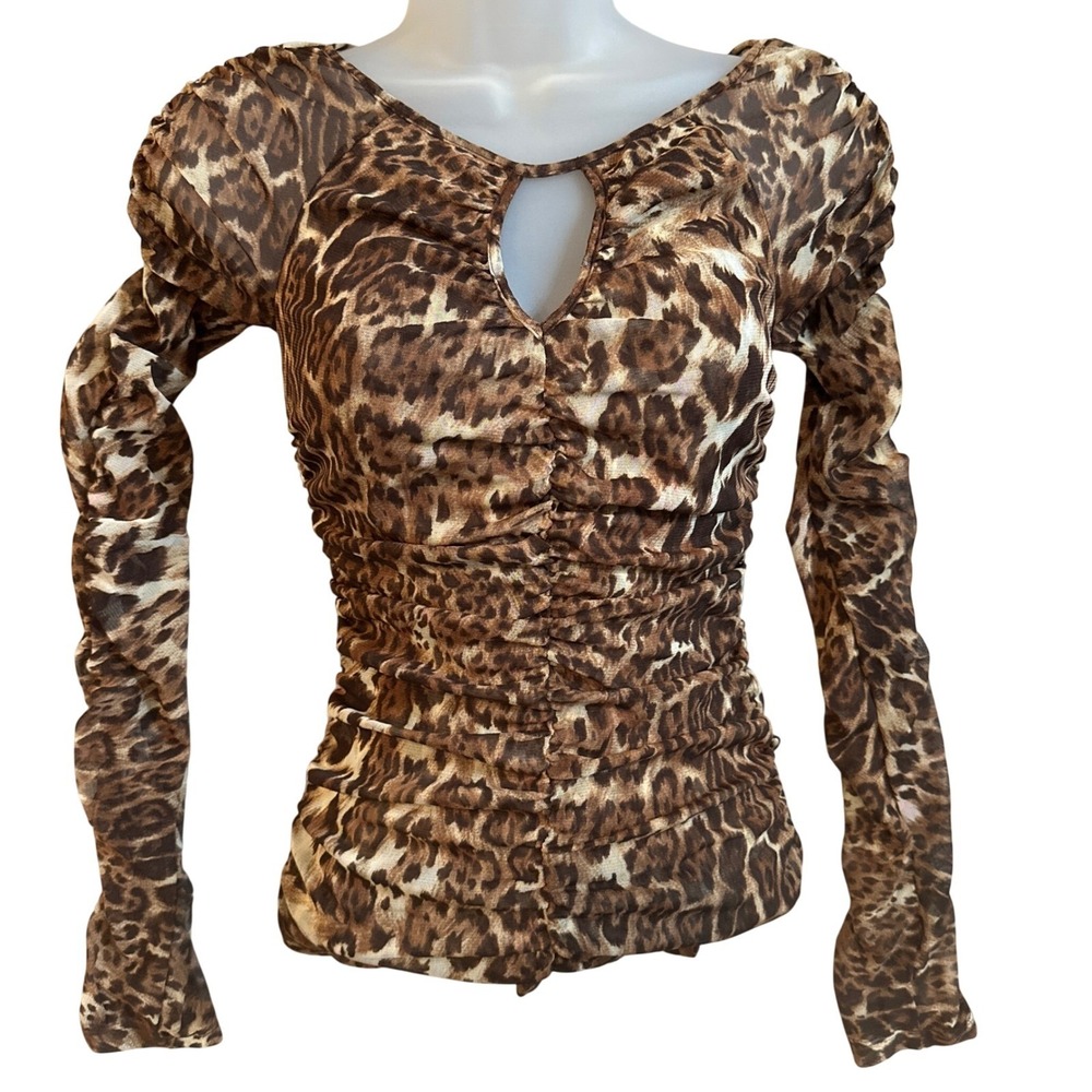 INC International Y2K Leopard Print Blouse Women Small Ruched Mesh Keyhole Brown